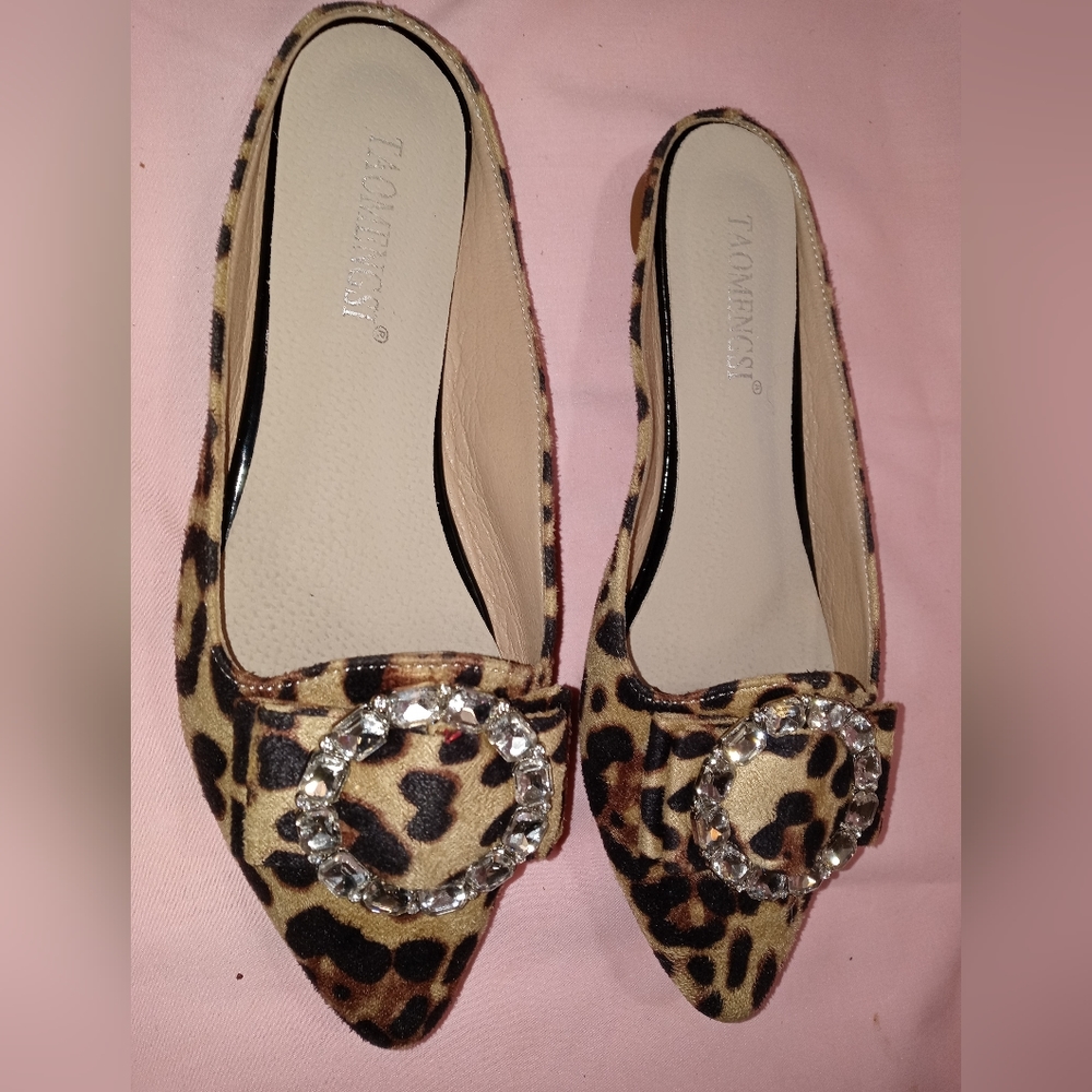 Taomengsi | Cheetah Print Mule Flats With Decorat… - image 2